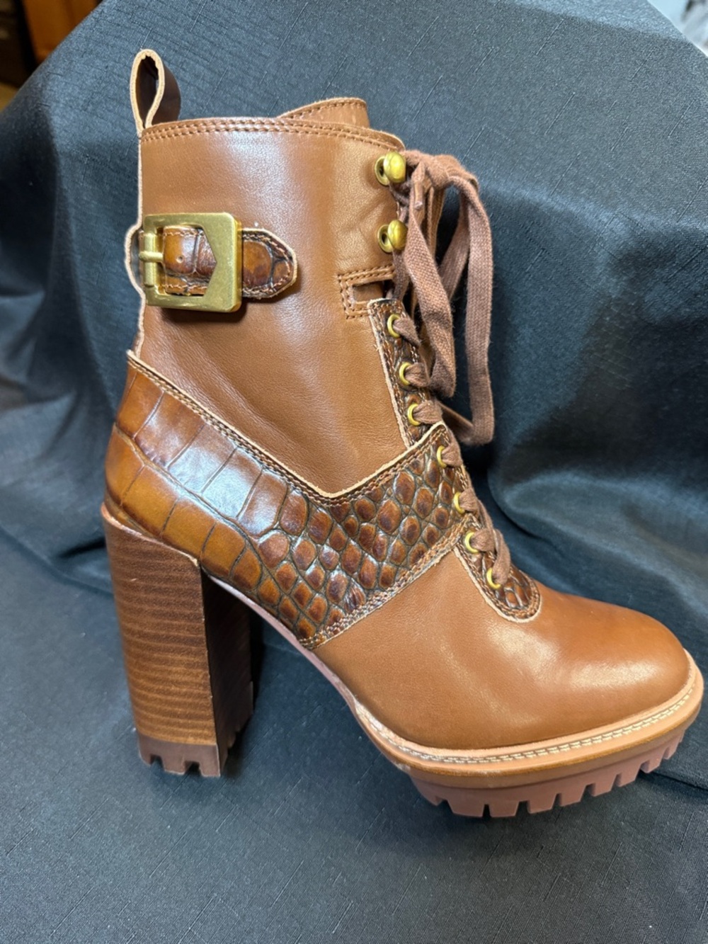 Vince Camuto Chestnut Brown Lace-Up Block Heel Boots - Picture 2 of 7